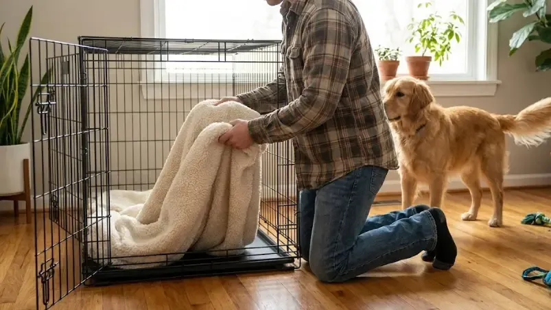 Dueño colocando una manta cómoda dentro de una jaula metálica para perros