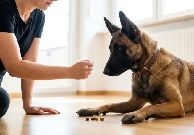 Dueño practicando el comando deja con comida en la mano cerrada