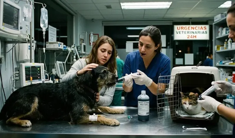 Administración de carbón activado a gato con jeringa oral apuntando hacia la mejilla