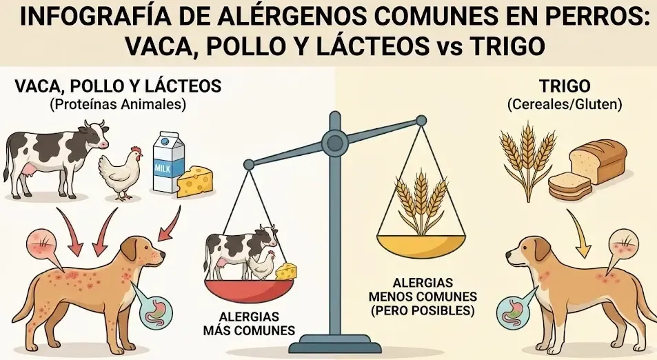 Infografía de alérgenos comunes en perros: Vaca, Pollo y Lácteos vs Trigo