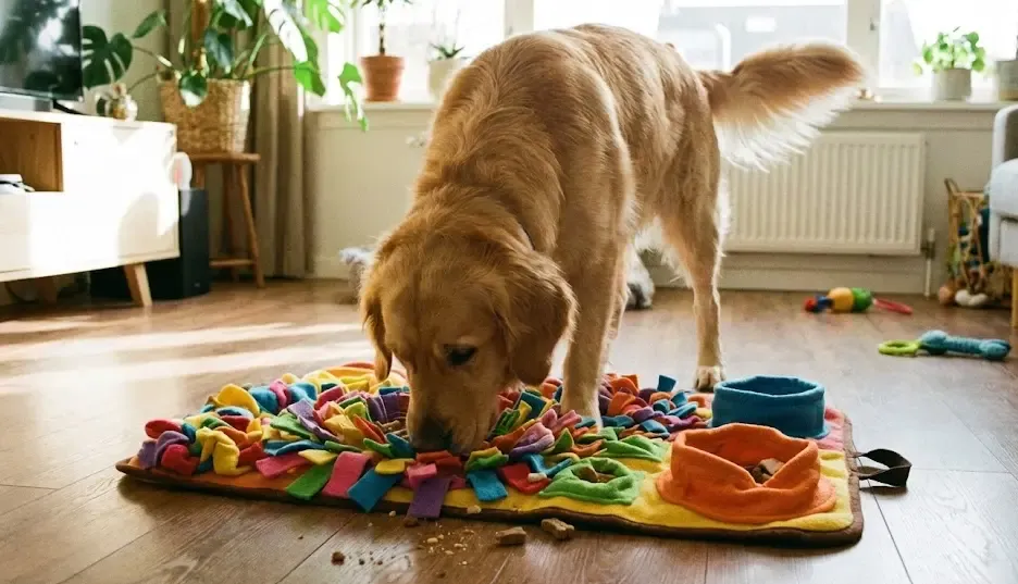 Perro buscando premios escondidos en una alfombra olfativa