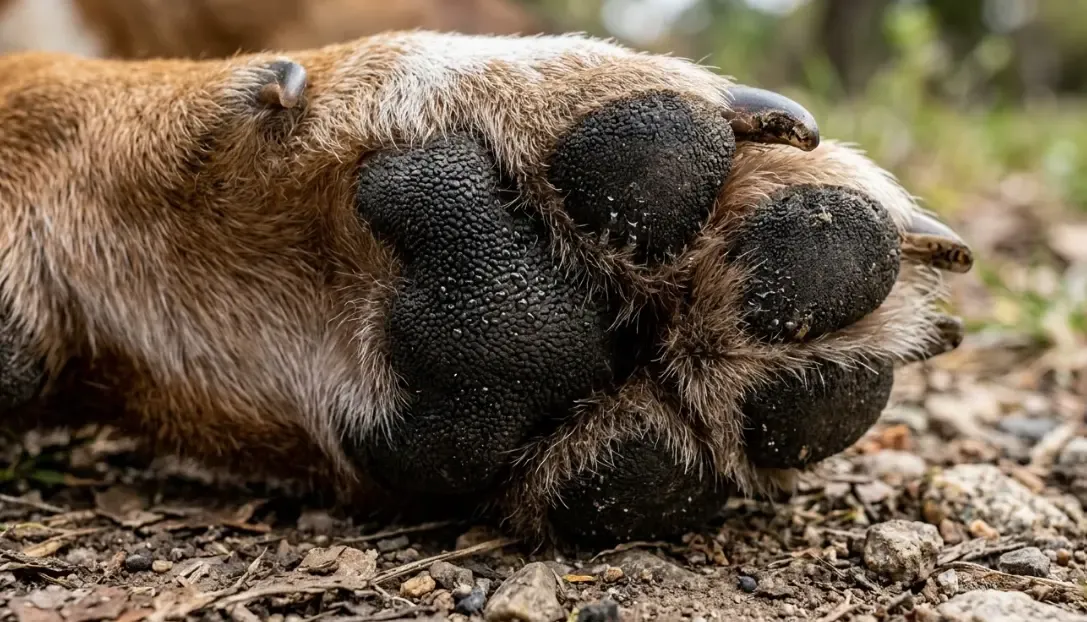Detalle de las almohadillas de las patas de un perro, donde se encuentran las glándulas sudoríparas que marcan territorio