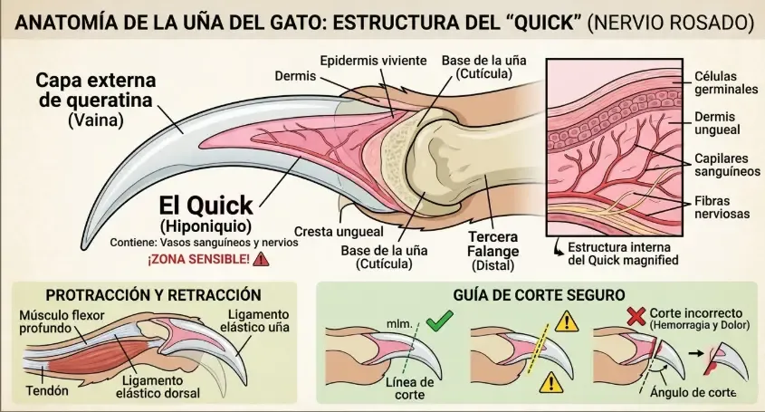 Un primer plano macro de la uña translúcida de un gato mostrando la zona rosada que contiene el nervio y los vasos sanguíneos