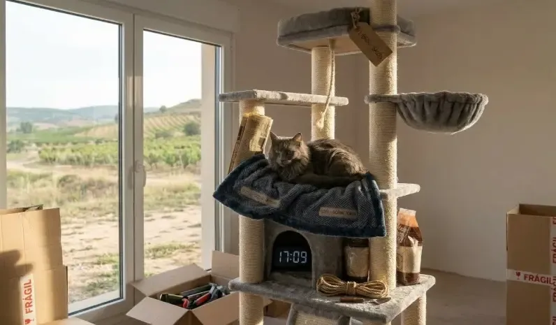 Un gran árbol rascador situado junto al ventanal en el salón de la nueva casa
