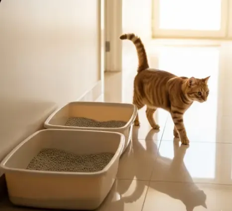 Varios areneros descubiertos alineados en un pasillo demostrando la regla del 1+1 para hogares con varios gatos