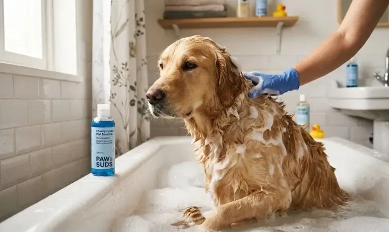 Dueño aplicando suavemente champú específico en un perro pequeño con piel sensible en la bañera