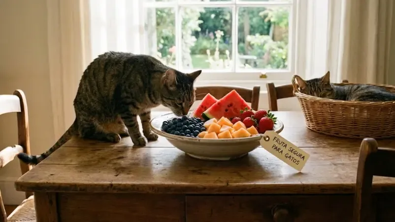 Bodegón de frutas frescas seguras para gatos como melón y arándanos
