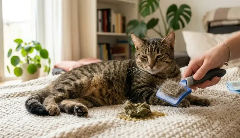 Bola de pelo compacta (tricobezoar) vomitada por un gato sobre una alfombra, junto a un cepillo deslanador