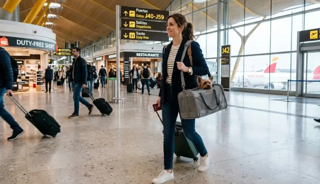 Dueña caminando por el aeropuerto con una bolsa de transporte blanda colgada del hombro
