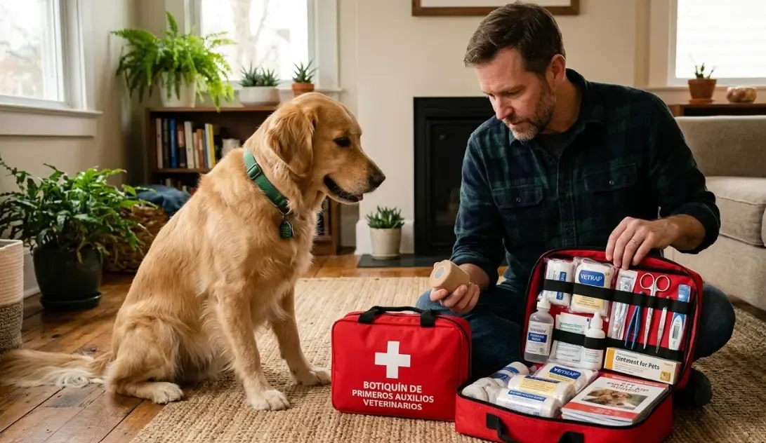 Dueño de perro revisando un botiquín de primeros auxilios rojo lleno de material veterinario junto a su mascota