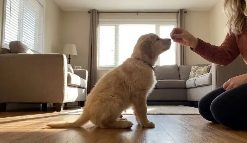 Dueño practicando el comando sentado con un cachorro en el salón