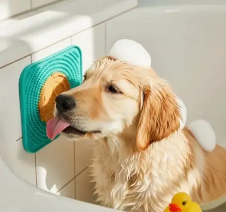 Cachorro de Golden Retriever lamiendo paté de una Lick Mat pegada a la pared mientras recibe su primer baño
