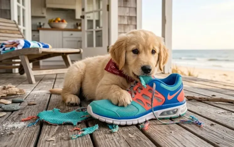 Un cachorro de Golden Retriever mordiendo el cordón de una zapatilla de deporte azul en el suelo de madera
