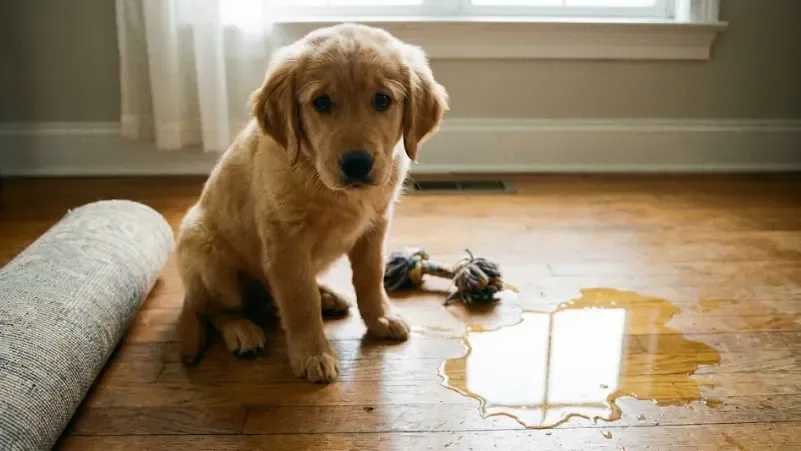 Cachorro de Golden Retriever mirando a cámara con cara de culpabilidad junto a un charco