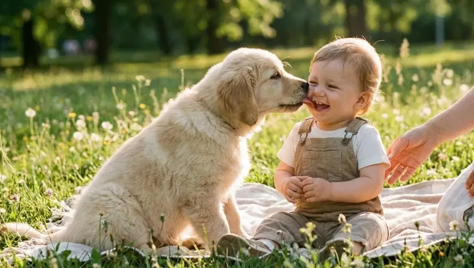 Cachorro de Golden Retriever interactuando con un niño de forma segura