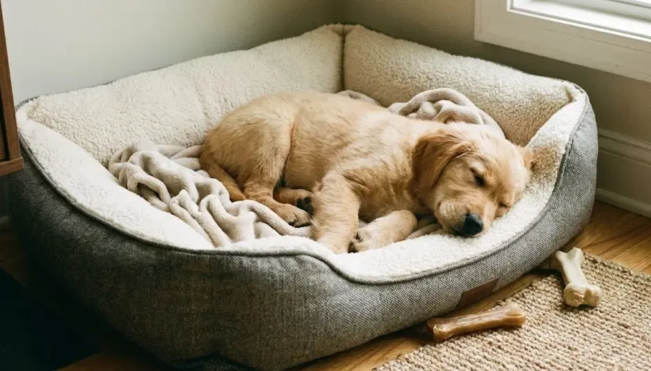 Cachorro durmiendo plácidamente en una cama acolchada y segura