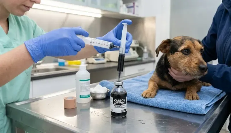 Mano de veterinario preparando carbón activado con jeringa para administrar a mascota