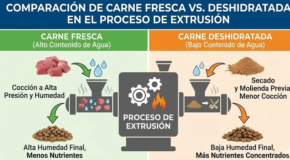 Infografía comparando carne fresca vs carne deshidratada en el proceso de extrusión