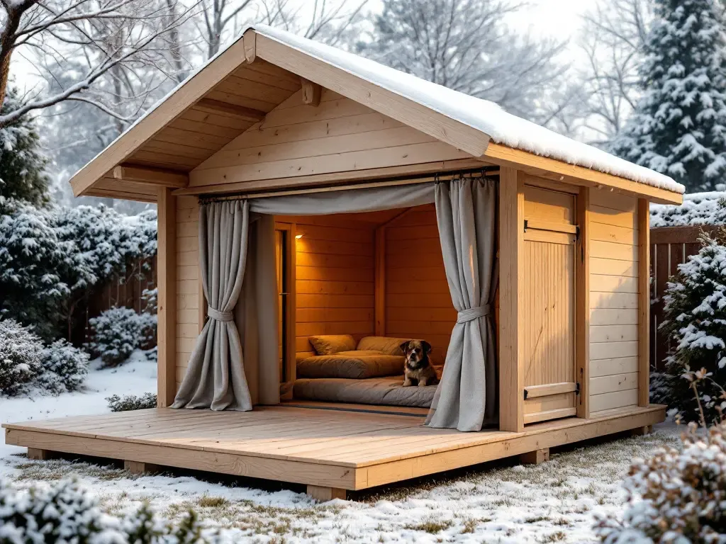 Caseta de madera aislada para perro grande con suelo elevado y cortinilla en jardín durante el invierno, mostrando resistencia a la nieve