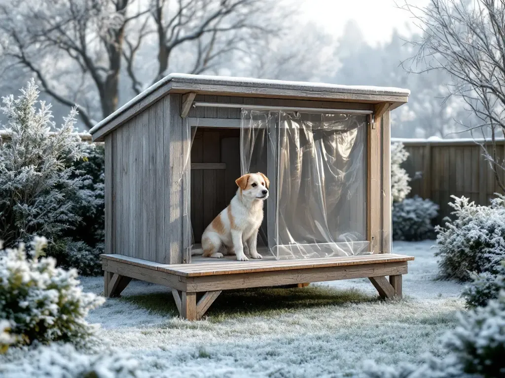 Detalle de caseta para perro exterior con suelo elevado y cortinilla de PVC en un jardín con escarcha, solución efectiva para aislar del frío