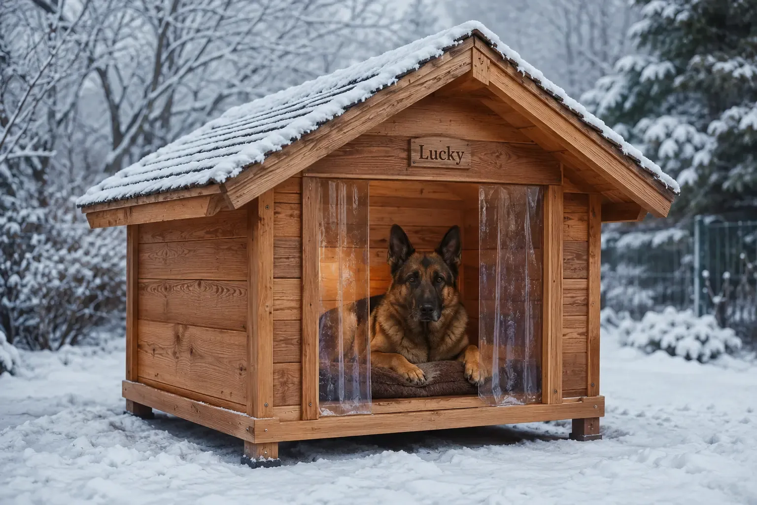 Caseta de jardín para perro grande con nieve y cortinilla en la entrada, protegiendo del frío extremo en invierno
