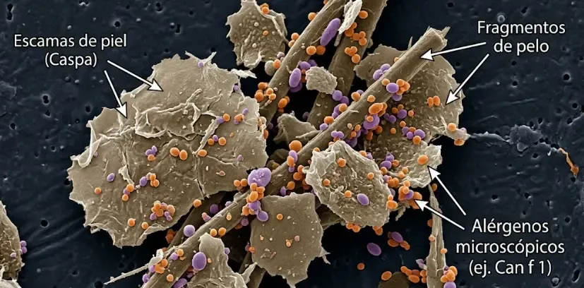 Ilustración médica detallada mostrando un folículo piloso canino y las escamas de caspa que transportan los alérgenos