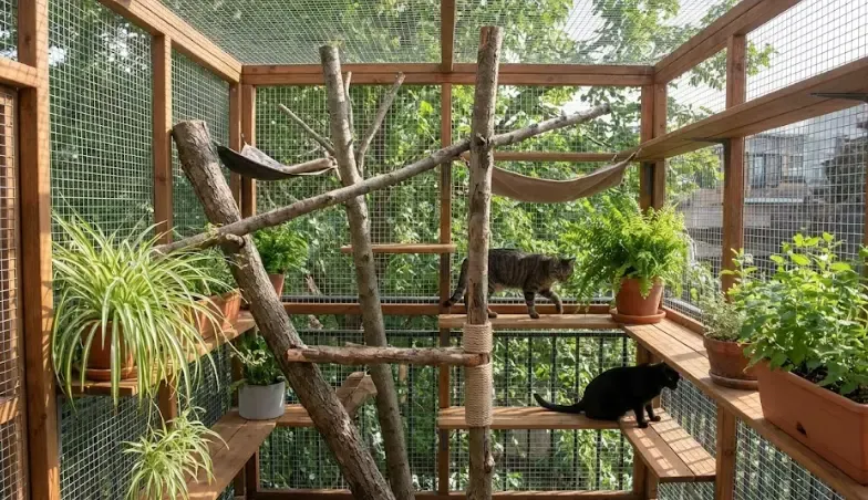 Ejemplo de un catio o cerramiento de balcón seguro con plantas y troncos