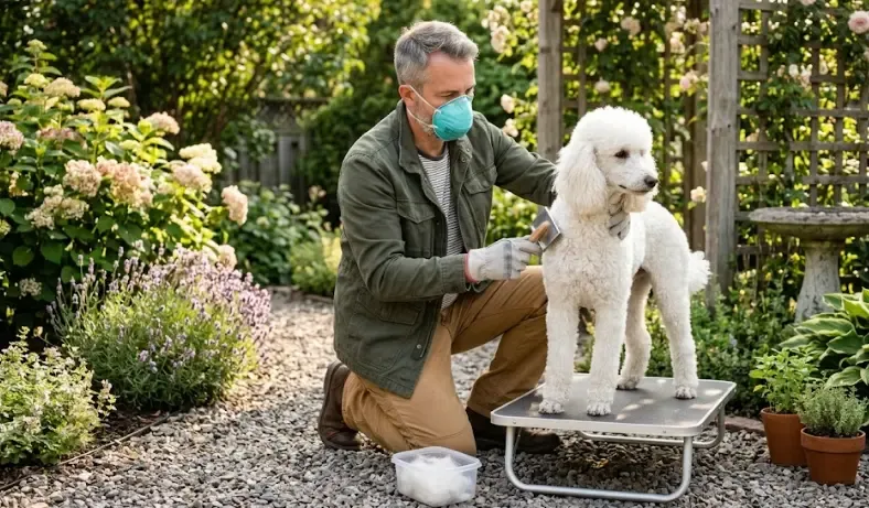 Mujer cepillando cuidadosamente a un Caniche blanco en el jardín para atrapar el pelo y la caspa fuera de casa
