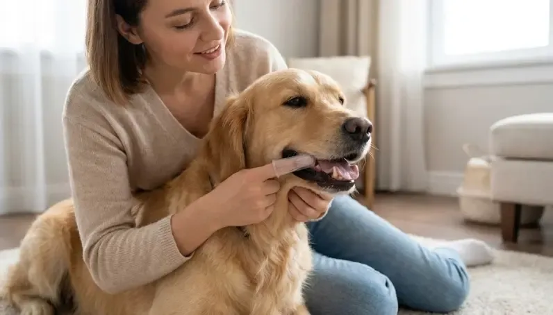 Dueño cepillando suavemente los dientes de su perro con un cepillo de dedo