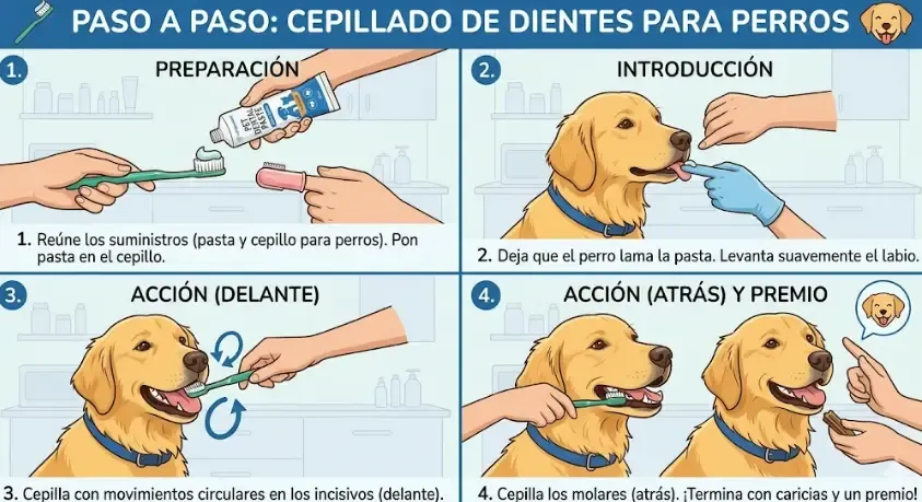 Perro adulto sonriendo mientras su dueño le cepilla los dientes suavemente con un cepillo y pasta dental especial para mascotas en el salón de casa