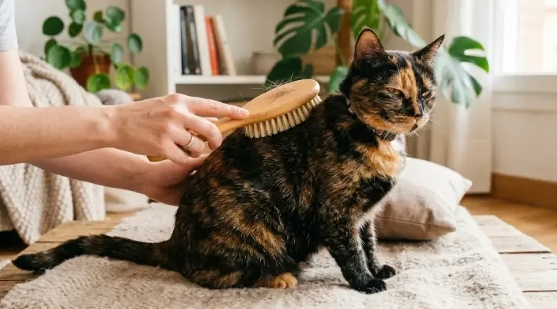 Dueño cepillando el brillante y colorido pelaje de una gata carey con cuidado