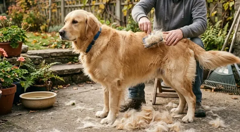 Dueño cepillando felizmente a un perro Golden Retriever al aire libre soltando mucho pelo muerto