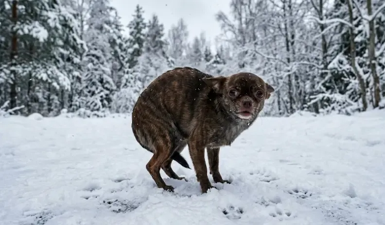 Perro pequeño raza Chihuahua temblando de frío en la nieve sin ropa de abrigo