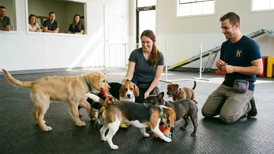 Grupo de cachorros jugando en una clase de socialización supervisada