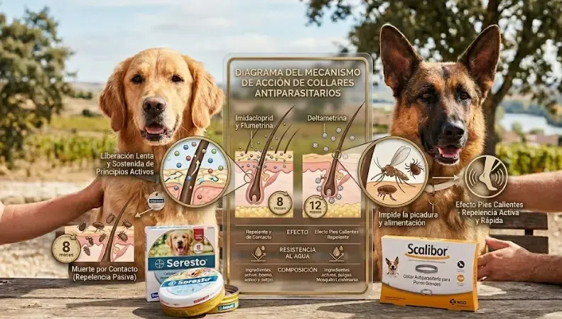 Infografía de cómo actúa el collar antiparasitario en la piel del perro