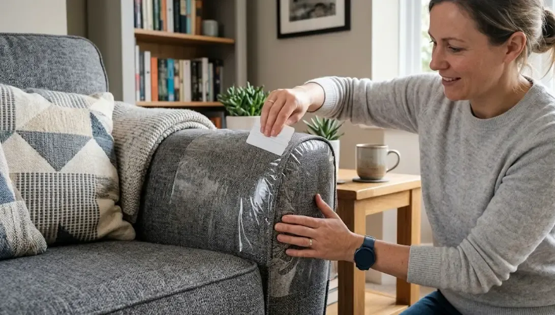 Aplicación de una lámina adhesiva transparente antiarañazos en el brazo de un sofá de tela gris