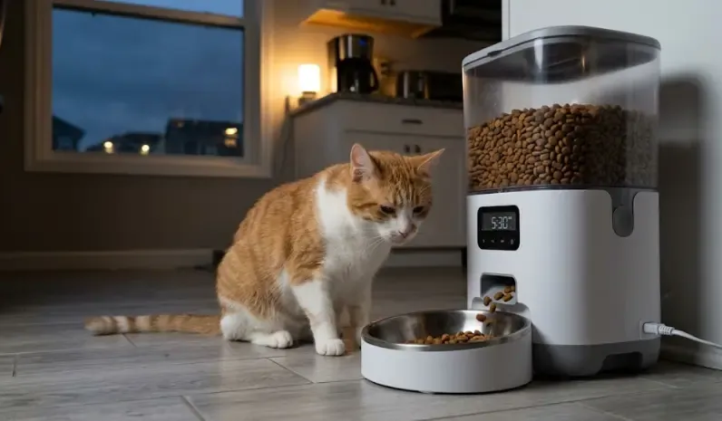 Gato bebiendo agua de madrugada junto a un comedero automático programado con luz LED azul