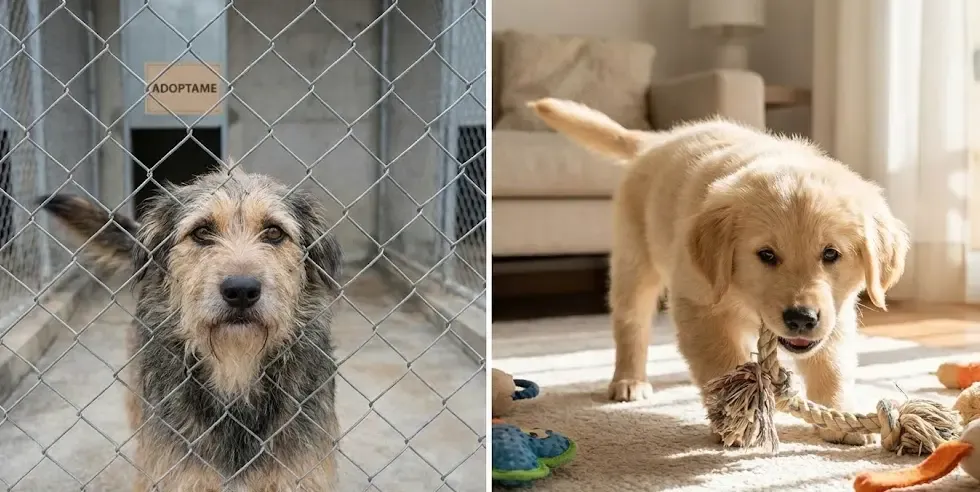 Perro mestizo en un refugio mirando con esperanza y un cachorro de raza pura jugando