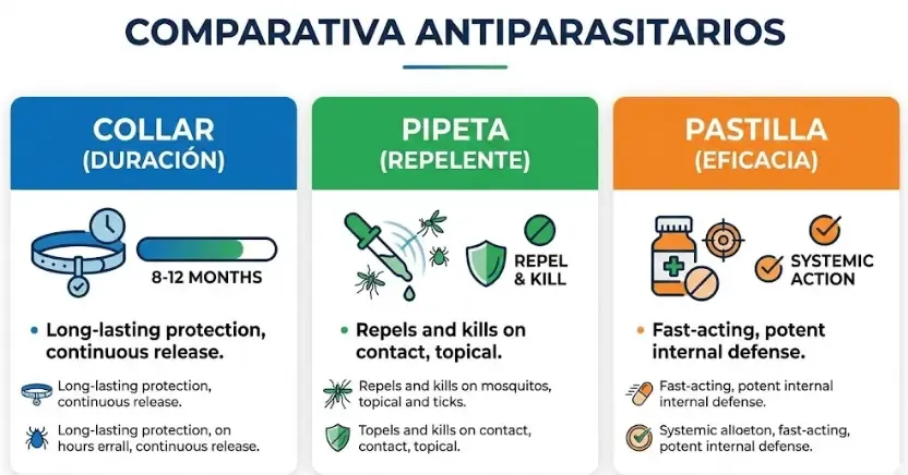 Infografía comparativa con iconos: Collar (duración), Pipeta (repelente), Pastilla (eficacia)