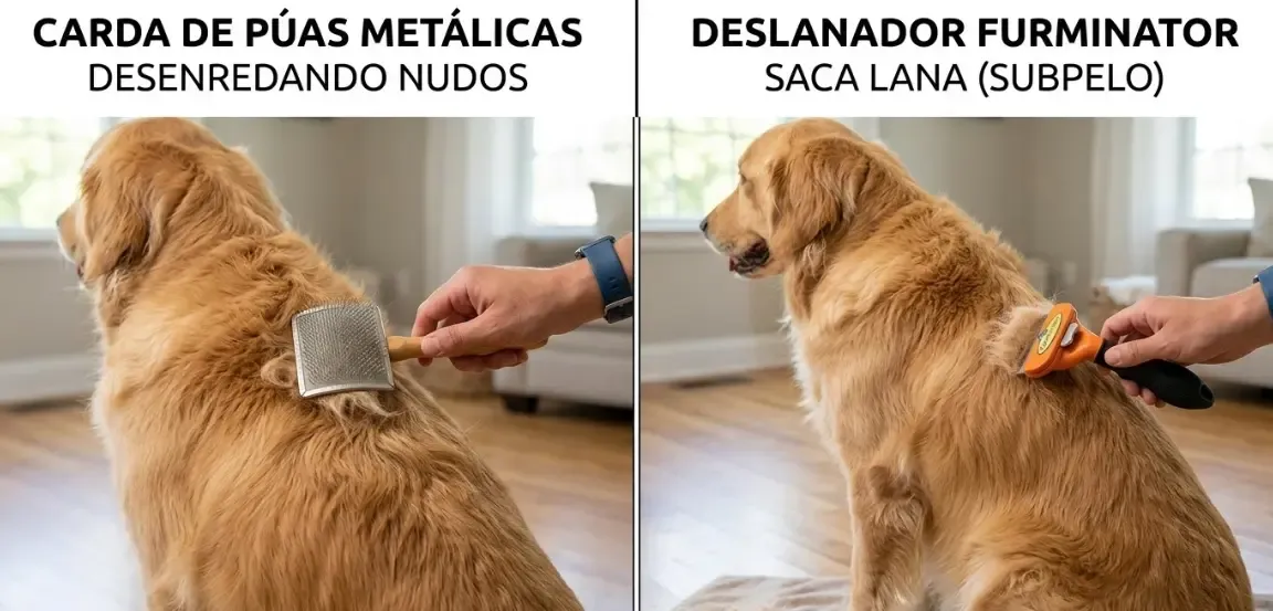 Imagen dividida mostrando a la izquierda una carda de púas metálicas desenredando, y a la derecha un deslanador Furminator sacando lana