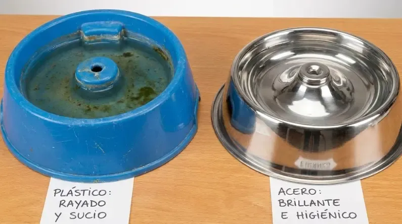 Comparativa visual de materiales: fuente de plástico rayada vs fuente de acero brillante