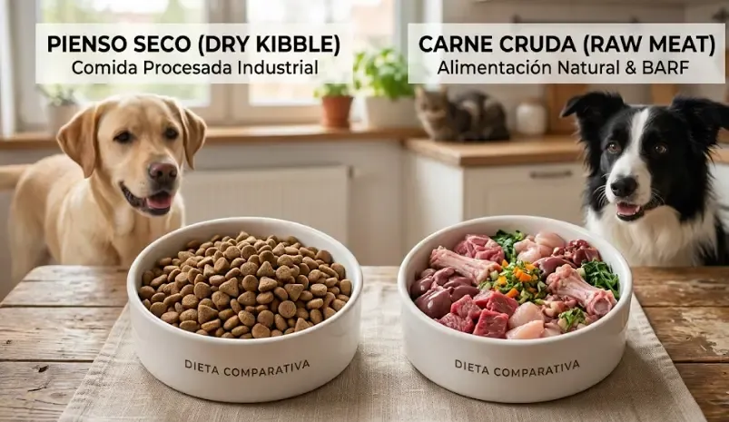 Dos cuencos de perro frente a frente: uno contiene croquetas de pienso seco y el otro trozos de carne cruda y vísceras
