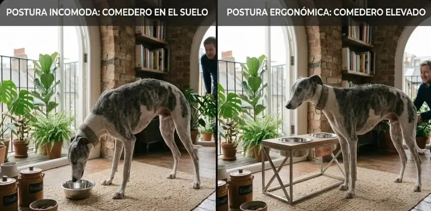 Ilustración que muestra la alineación de la columna de un perro comiendo a nivel del suelo vs. en comedero elevado