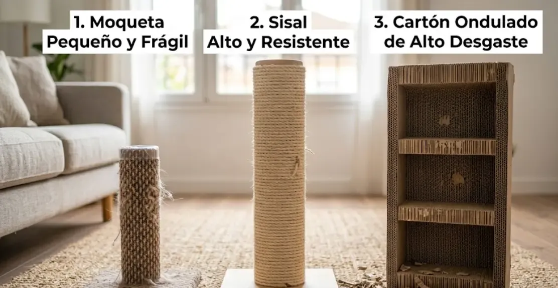 Comparativa visual de tres rascadores: uno pequeño y endeble de moqueta, frente a uno alto de sisal y otro de cartón ondulado