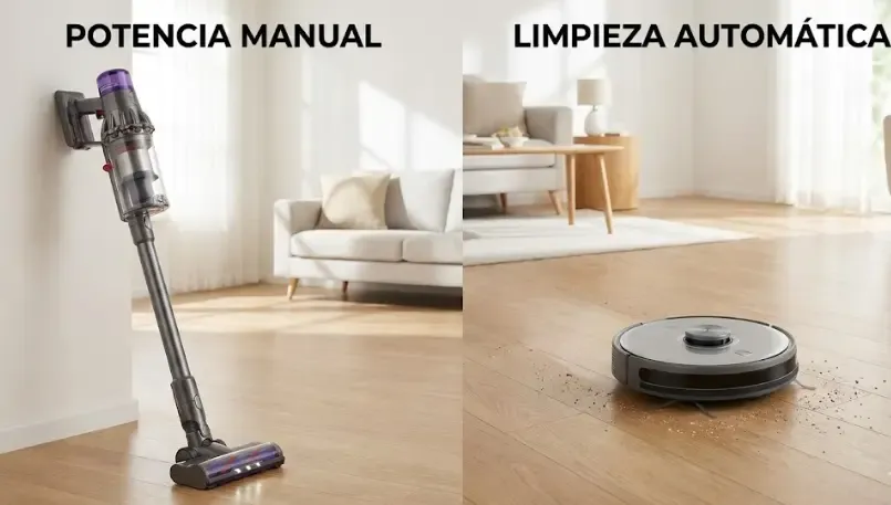 Comparativa visual: A la izquierda una aspiradora escoba potente, a la derecha un robot aspirador en el suelo