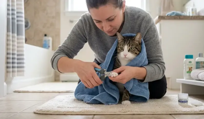 Dueño cortando cuidadosamente las puntas de las uñas de su gato un día antes de realizar un baño terapéutico prescrito