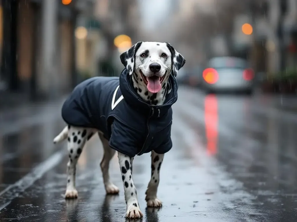 Prueba de impermeabilidad: dálmata con softshell tras paseo bajo lluvia ligera