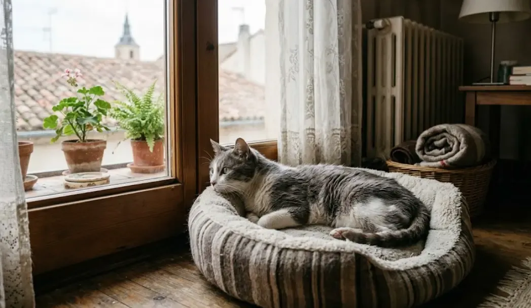 Gato anciano con mirada perdida tumbado en su cama junto a la ventana