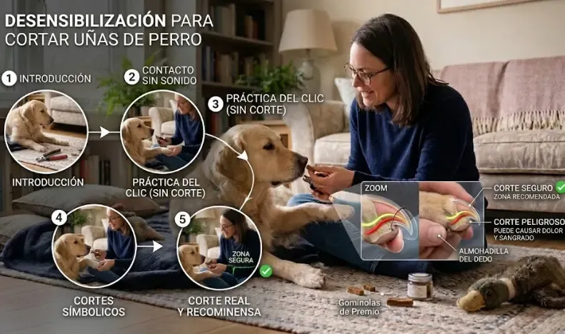 Dueño tocando suavemente la pata de su perro y mostrándole el cortaúñas mientras le da un premio para crear asociación positiva