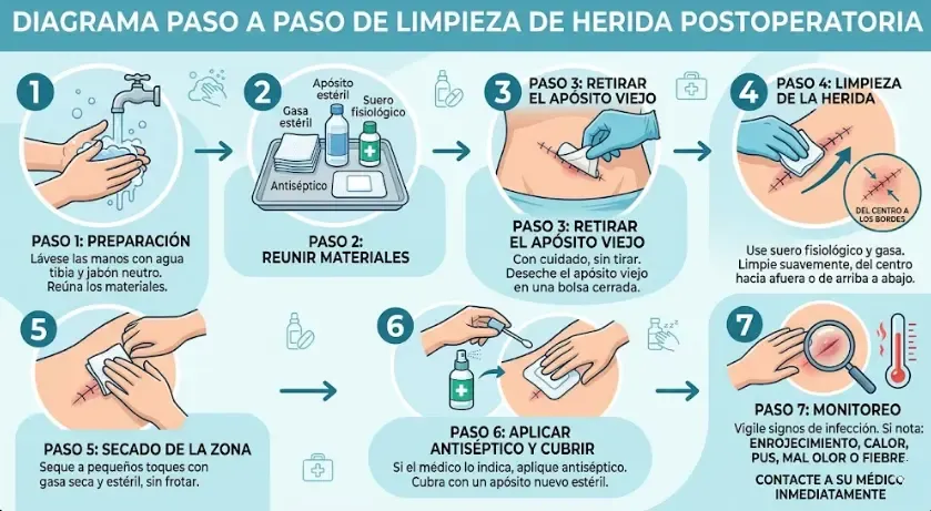 Diagrama paso a paso de limpieza de herida postoperatoria
